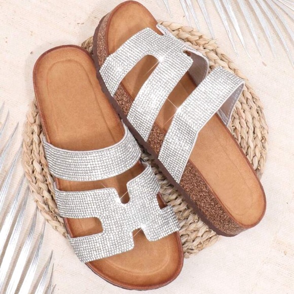 Silver Slide Flat Sandals with Rhinestones - Picture 2 of 5